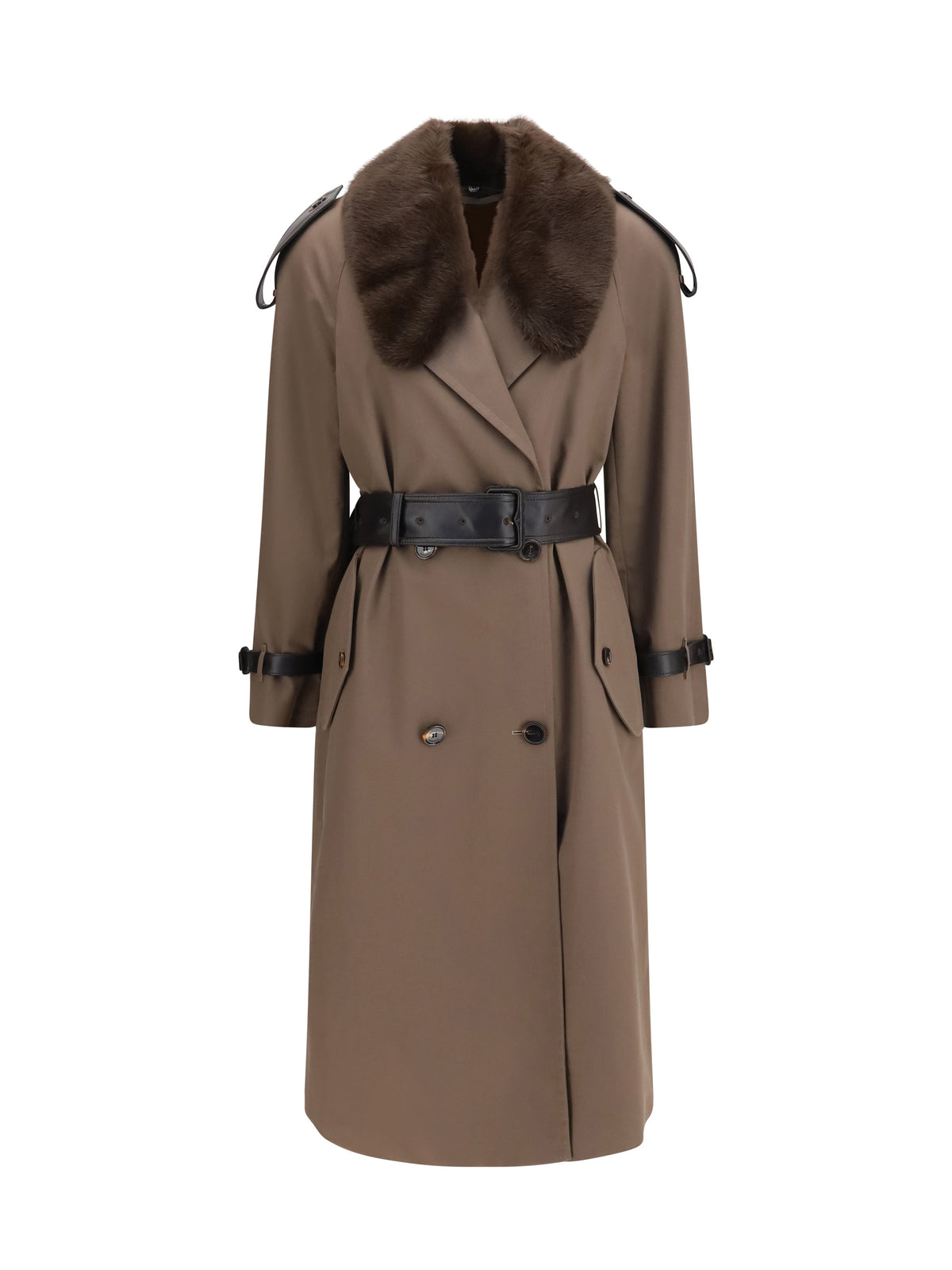 Burberry Buffalo Leather Collar Trench Coat — Brown