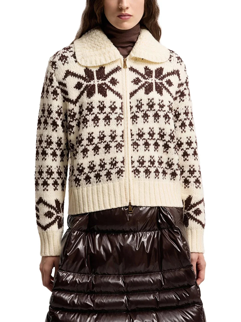 Moncler Jacquard Knit with Crochet Collar Cardigan — Ivory