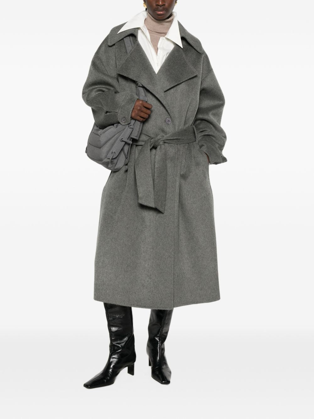 032C Wool Blend Notched-Lapel Coat — Grey