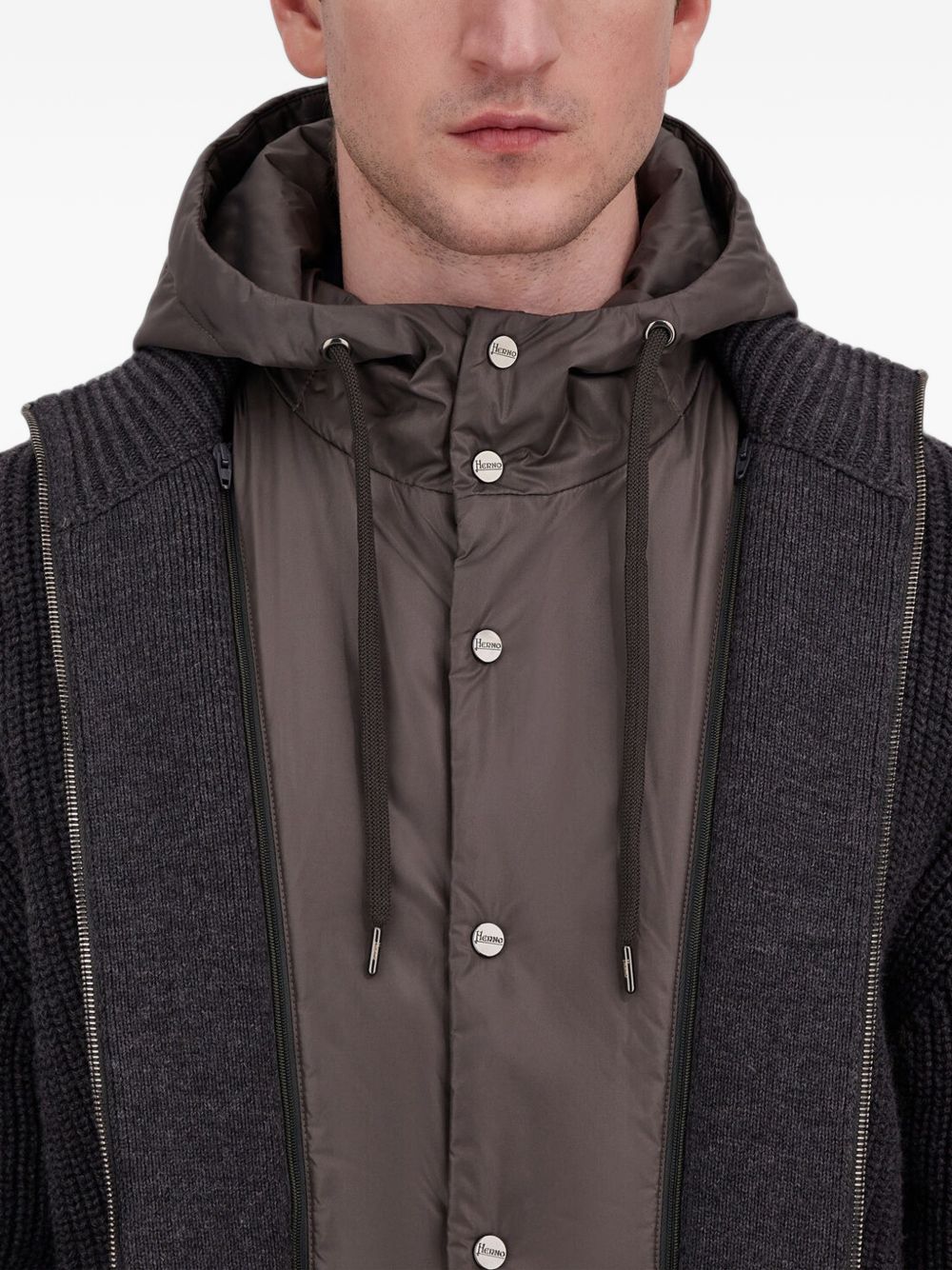 HERNO Detachable Hooded Knit Hooded Knit Jacket — Charcoal