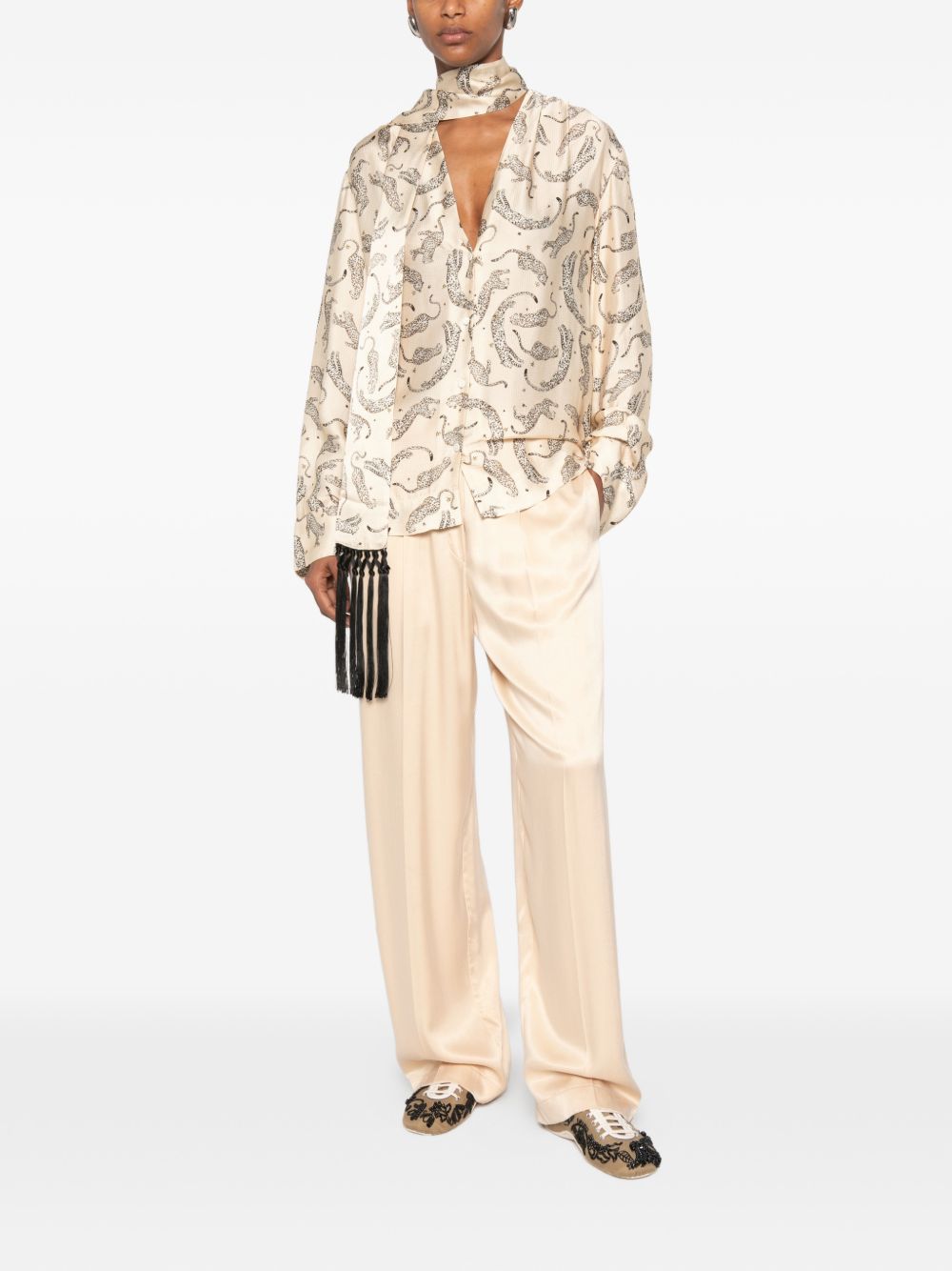 Forte Forte Feather-Print Fringed Shirt — Cream