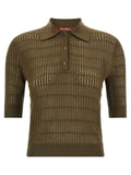 Max Mara Studio Ribbed Wool-Silk Knit Polo Shirt — Olive