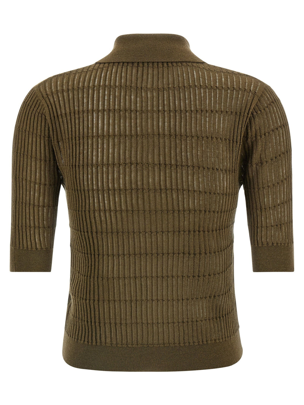 Max Mara Studio Ribbed Wool-Silk Knit Polo Shirt — Olive