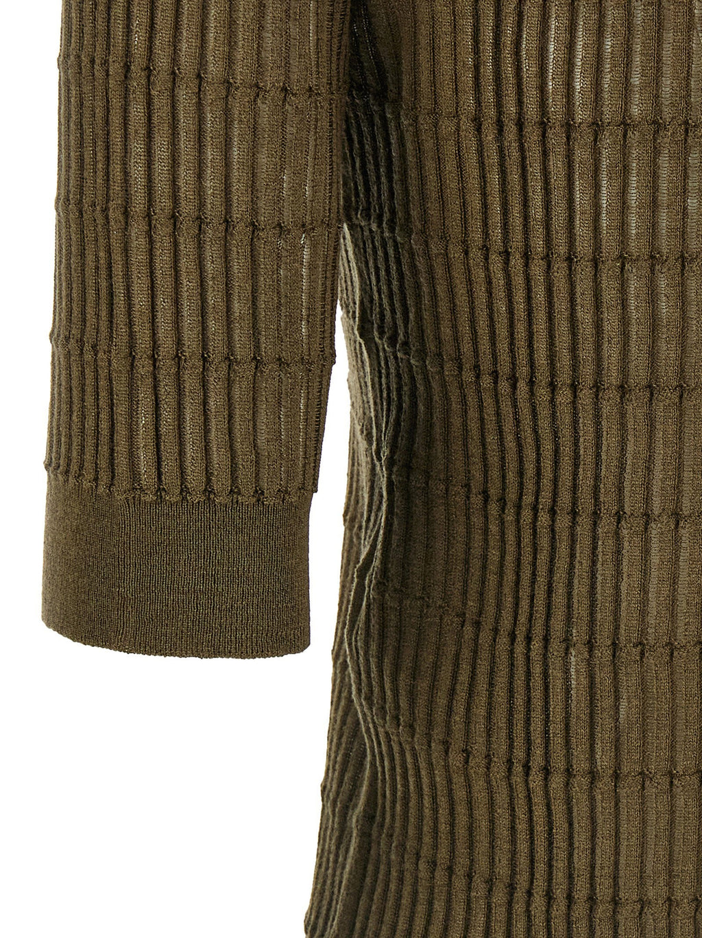 Max Mara Studio Ribbed Wool-Silk Knit Polo Shirt — Olive