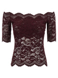Paco Rabanne Floral Lace Off-the-Shoulder Blouse — Burgundy