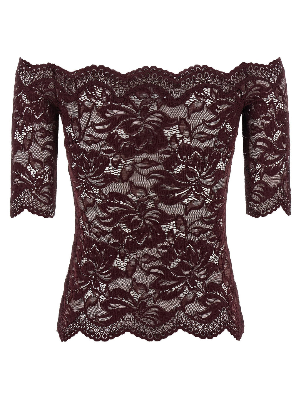 Paco Rabanne Floral Lace Off-the-Shoulder Blouse — Burgundy