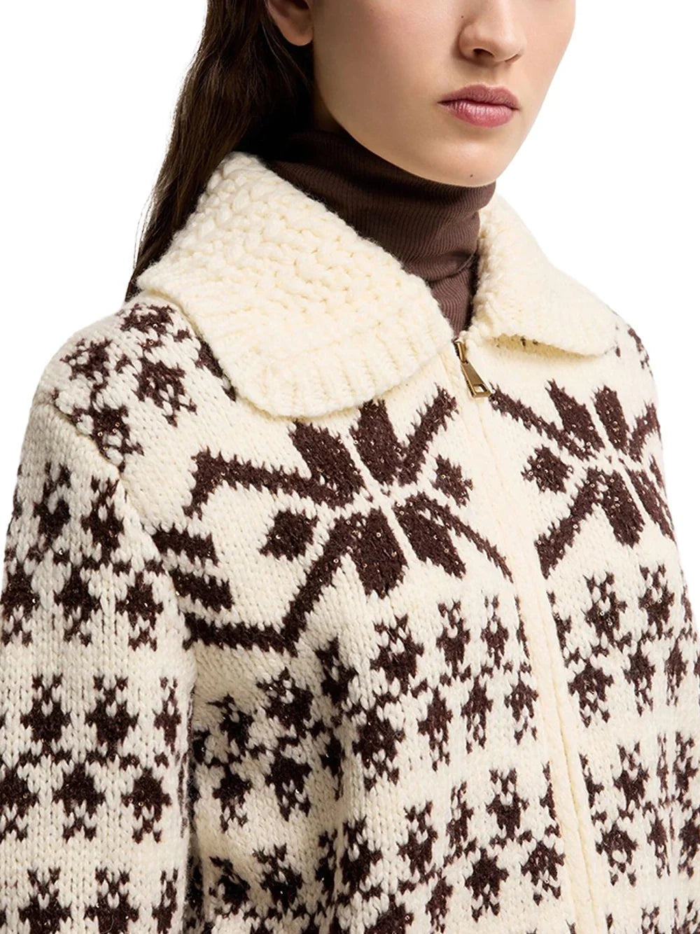 Moncler Jacquard Knit with Crochet Collar Cardigan — Ivory