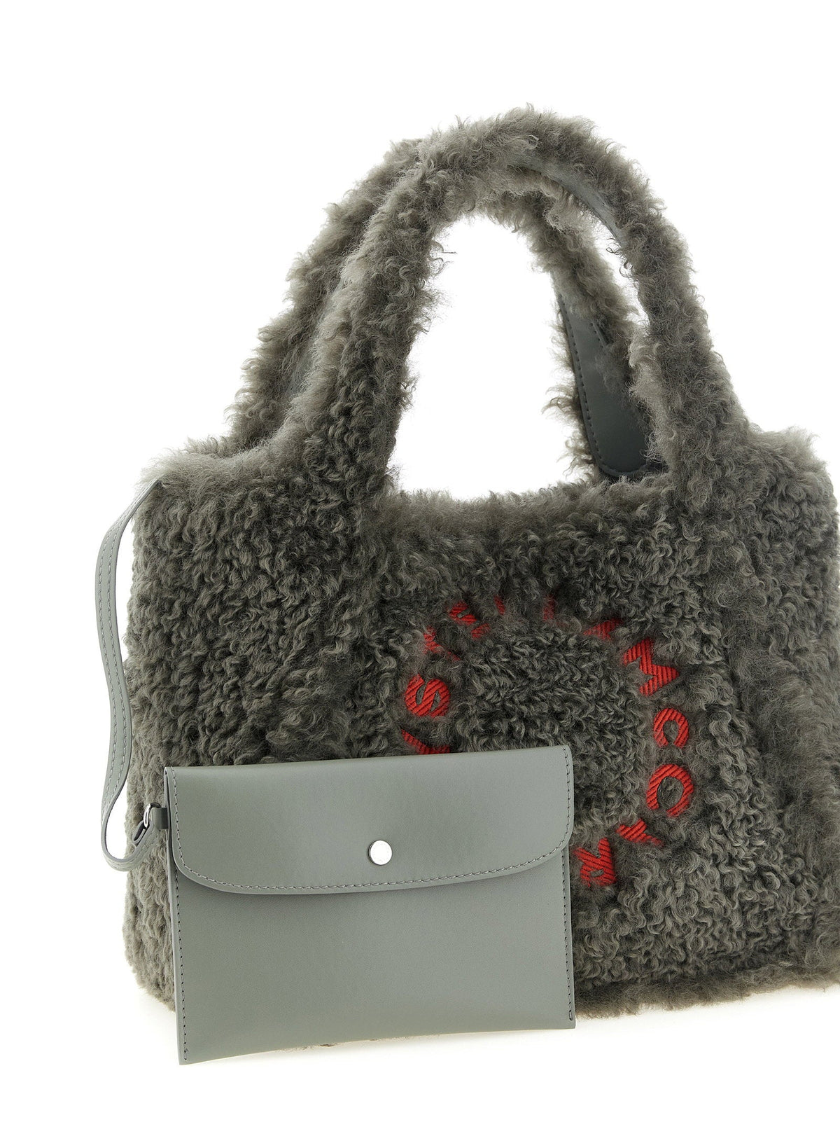 Stella Mccartney Shearling Logo Embroidery Tote Bag — Gray