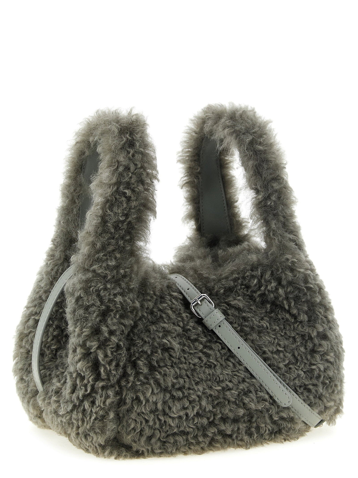 Stella Mccartney Shearling Logo Embroidered Shoulder Bag — Gray
