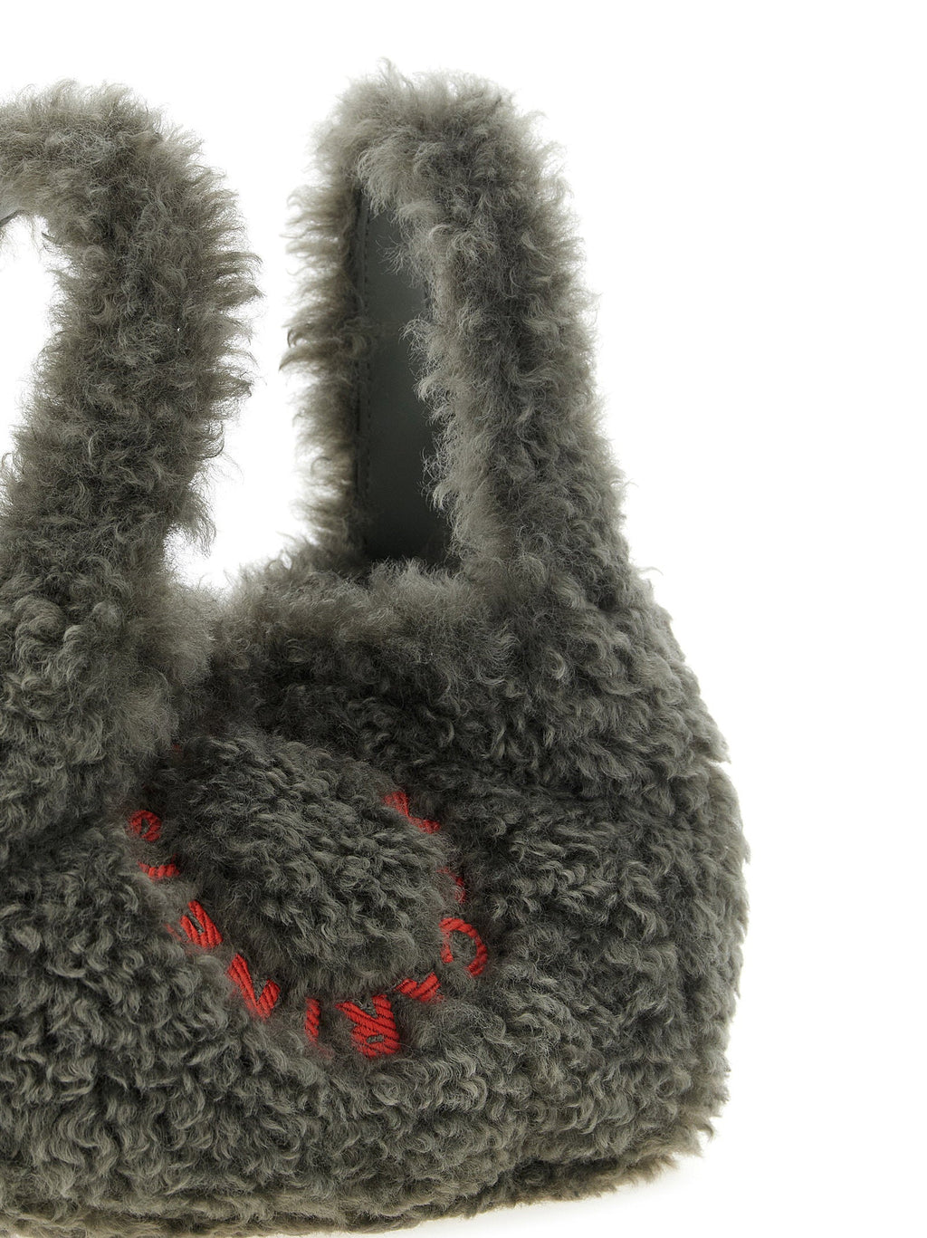 Stella Mccartney Shearling Logo Embroidered Shoulder Bag — Gray