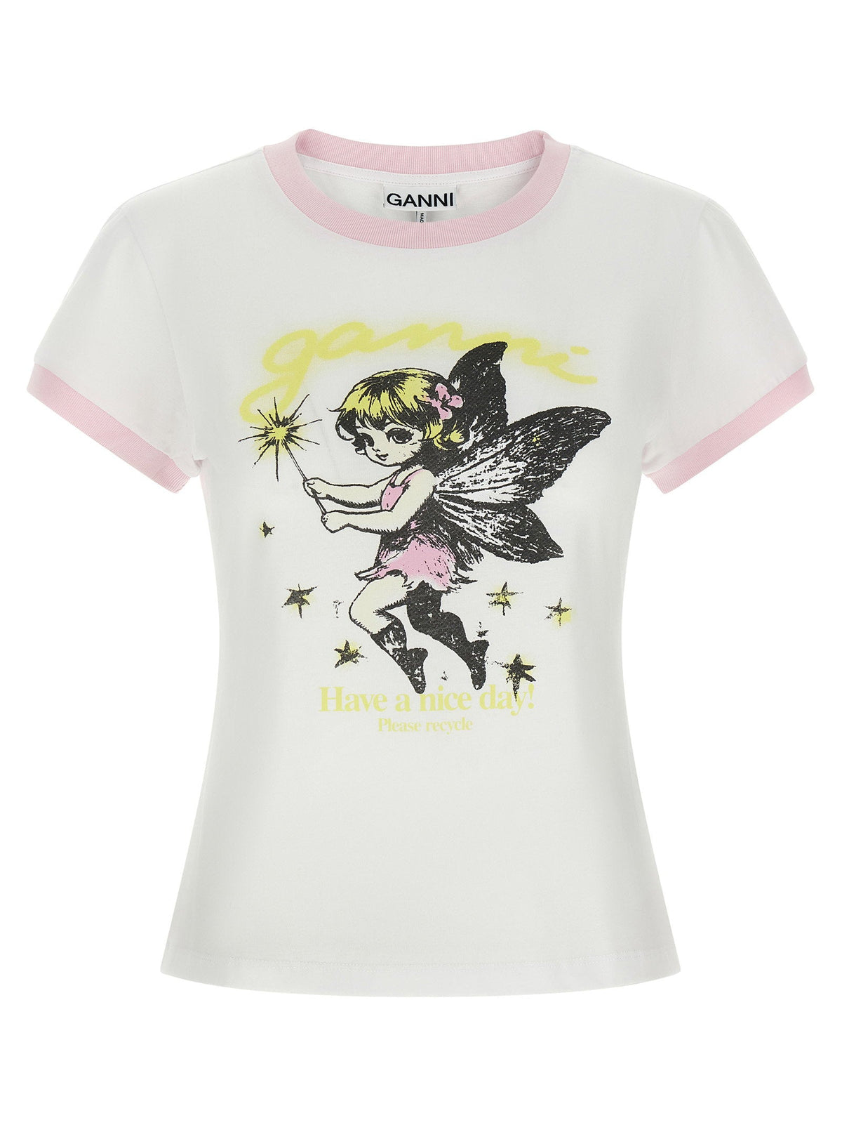 Ganni Fairy-Print Cotton T-shirt — Cream