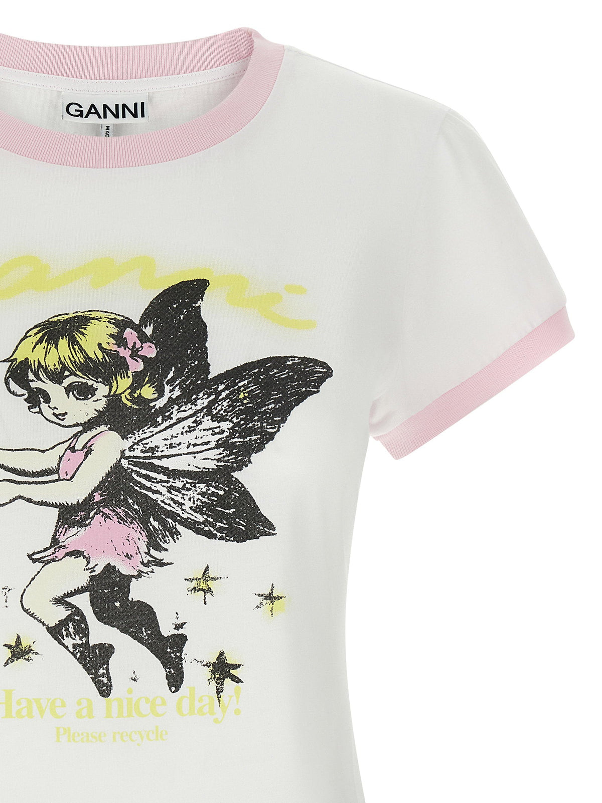 Ganni Fairy-Print Cotton T-shirt — Cream