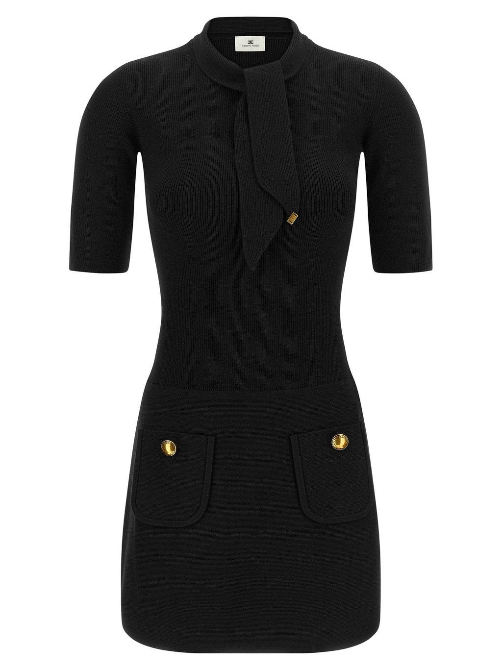 Elisabetta Franchi Ribbed Knit with Scarf Detail Dress — Black