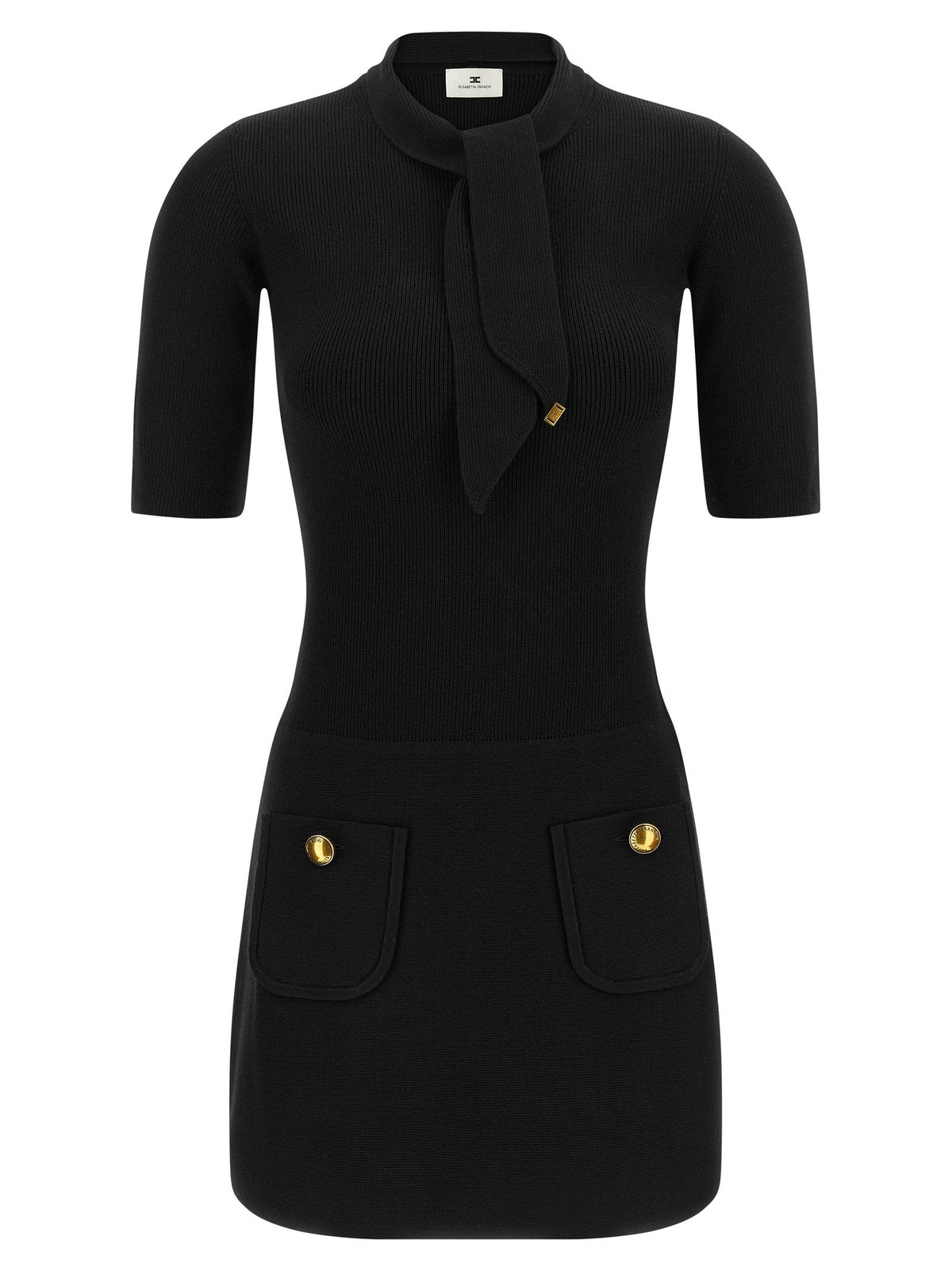 Elisabetta Franchi Ribbed Knit with Scarf Detail Dress — Black