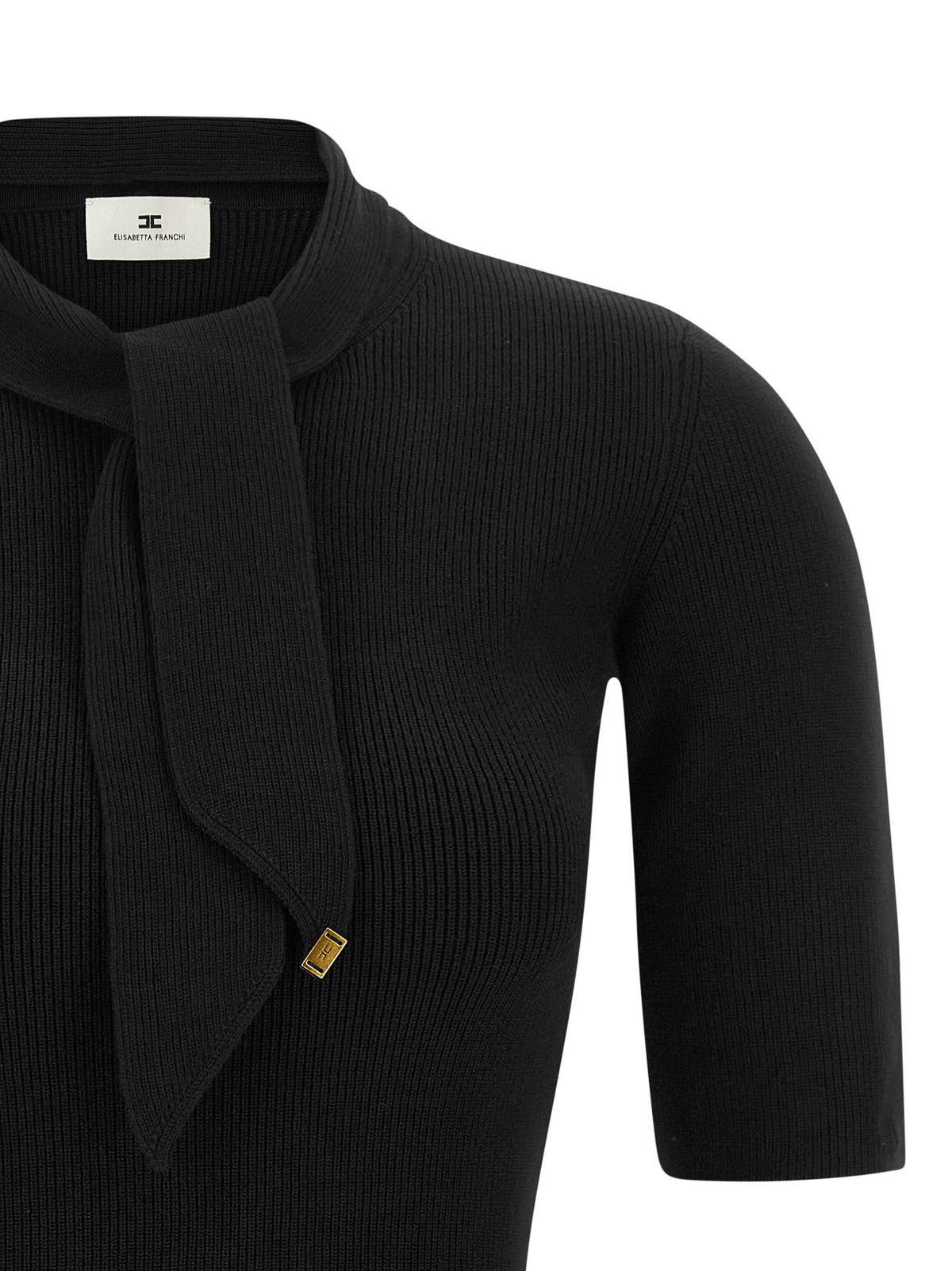 Elisabetta Franchi Ribbed Knit with Scarf Detail Dress — Black