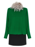Valentino Garavani Feather-Trimmed Silk Georgette Blouse — Green