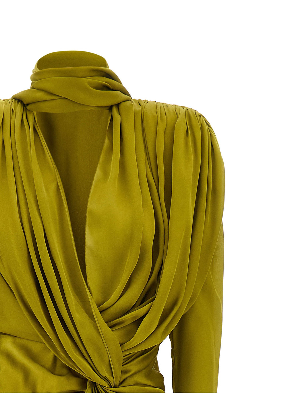 Balmain Draped Silk with Knotted Detail Dress — Olive