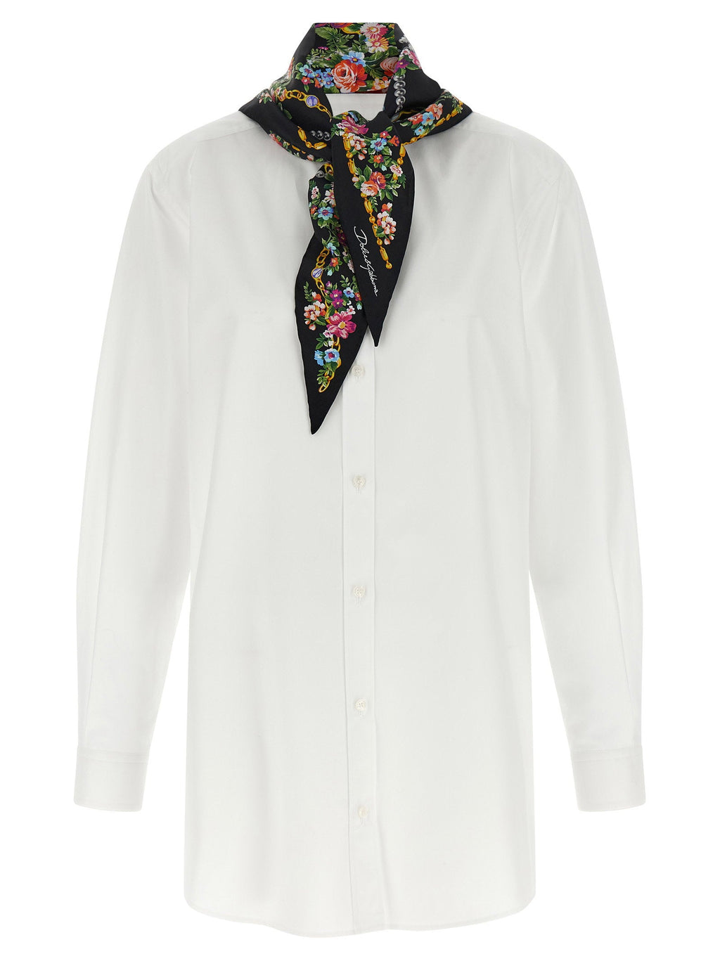 Dolce & Gabbana Cotton Poplin with Patterned Silk Scarf Shirt — White