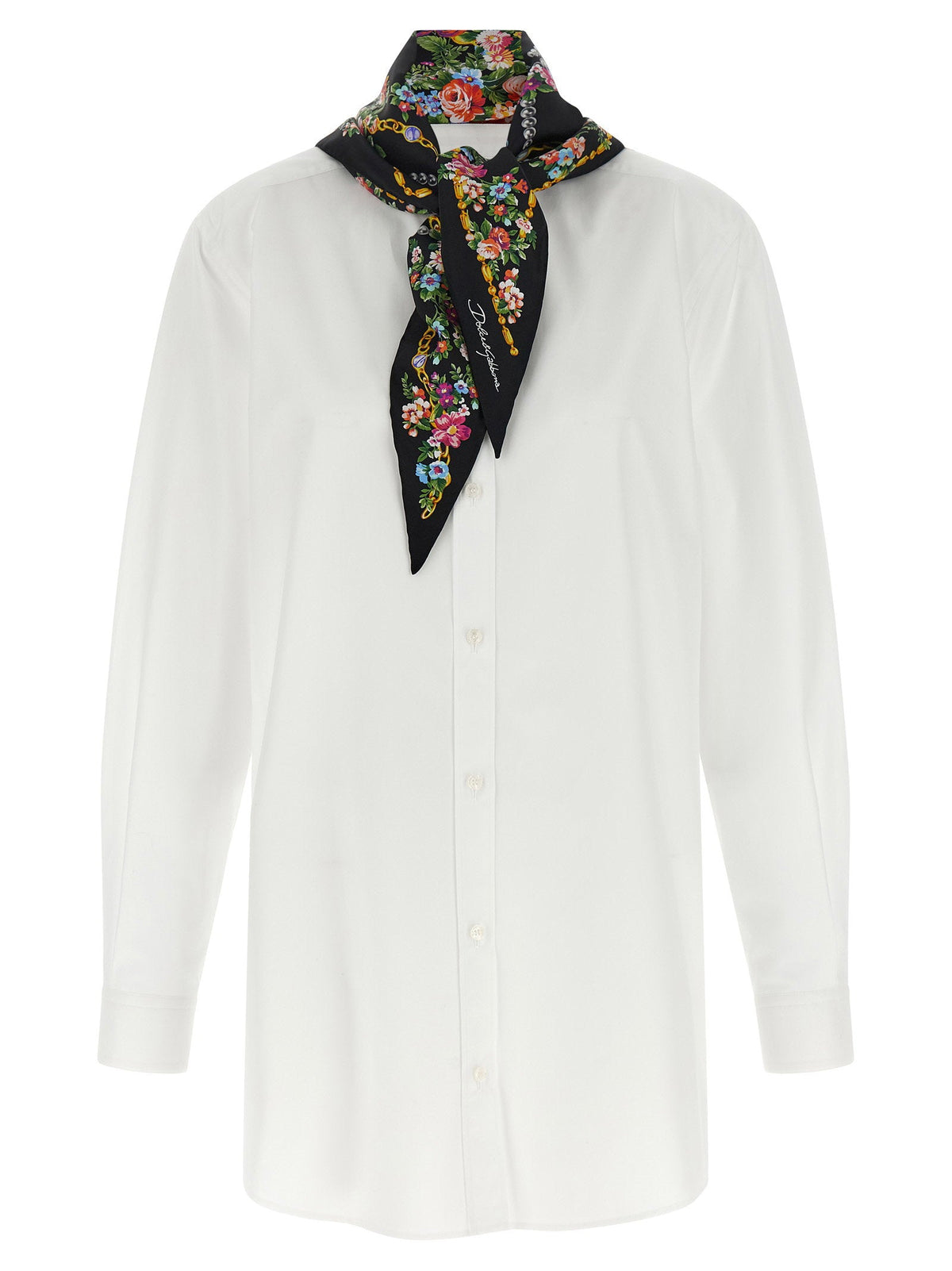 Dolce & Gabbana Cotton Poplin with Patterned Silk Scarf Shirt — White