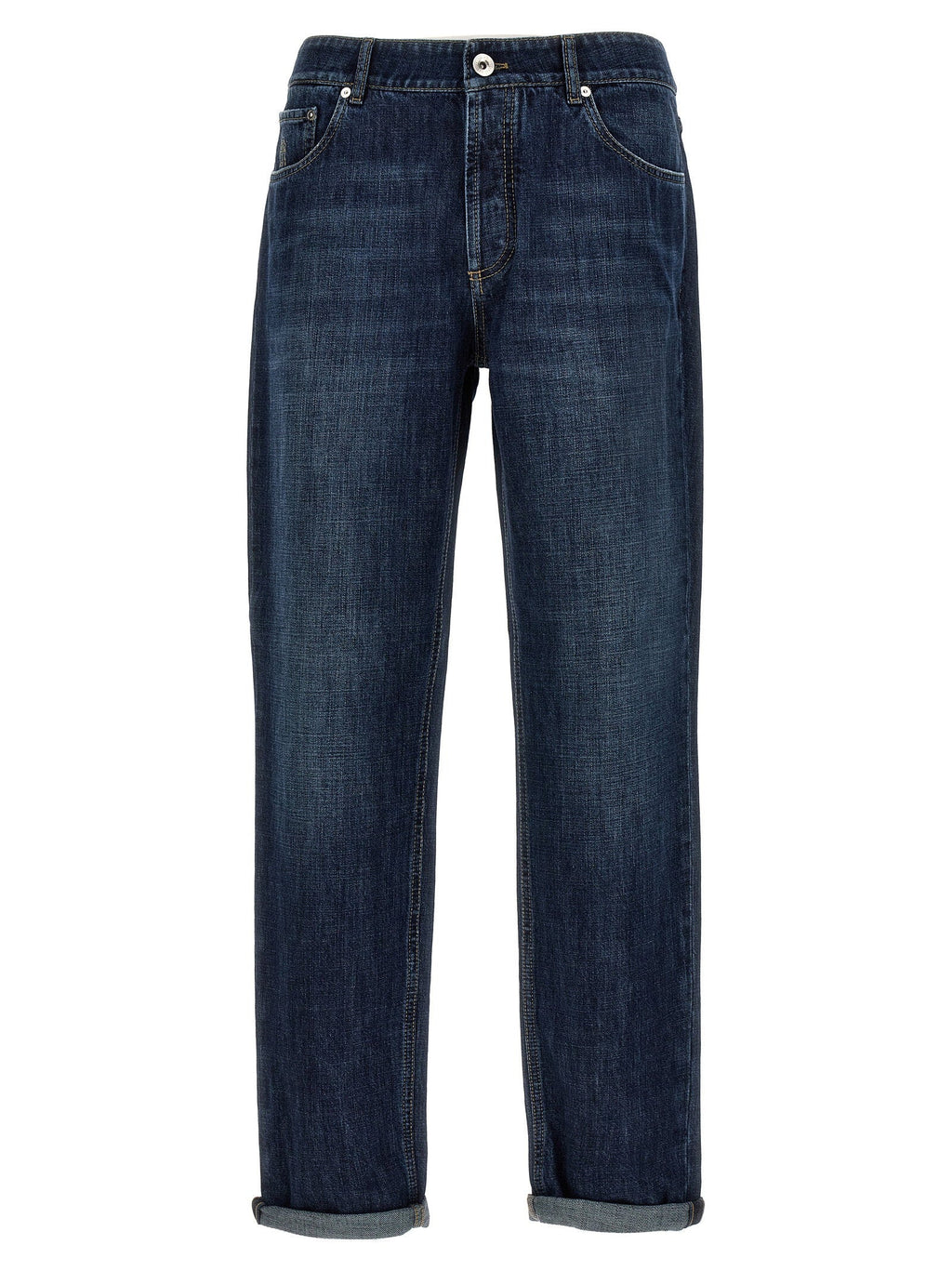 Brunello Cucinelli Logo-Embroidered Cotton Denim Jeans — Navy