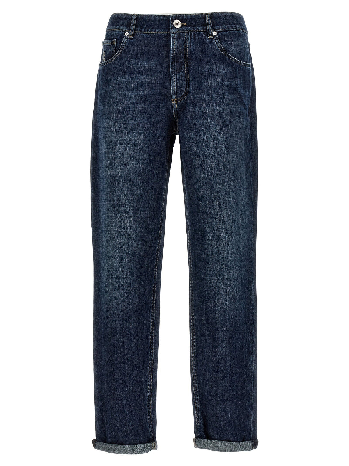 Brunello Cucinelli Logo-Embroidered Cotton Denim Jeans — Navy
