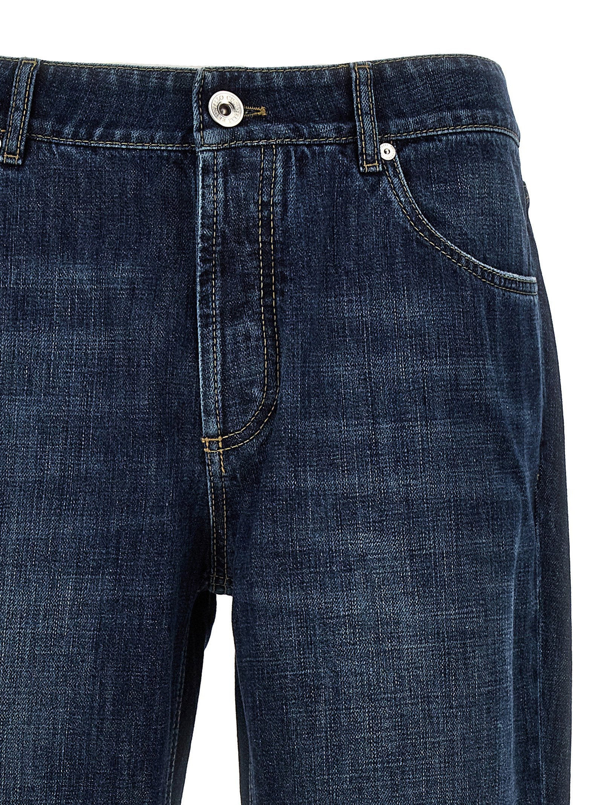 Brunello Cucinelli Logo-Embroidered Cotton Denim Jeans — Navy