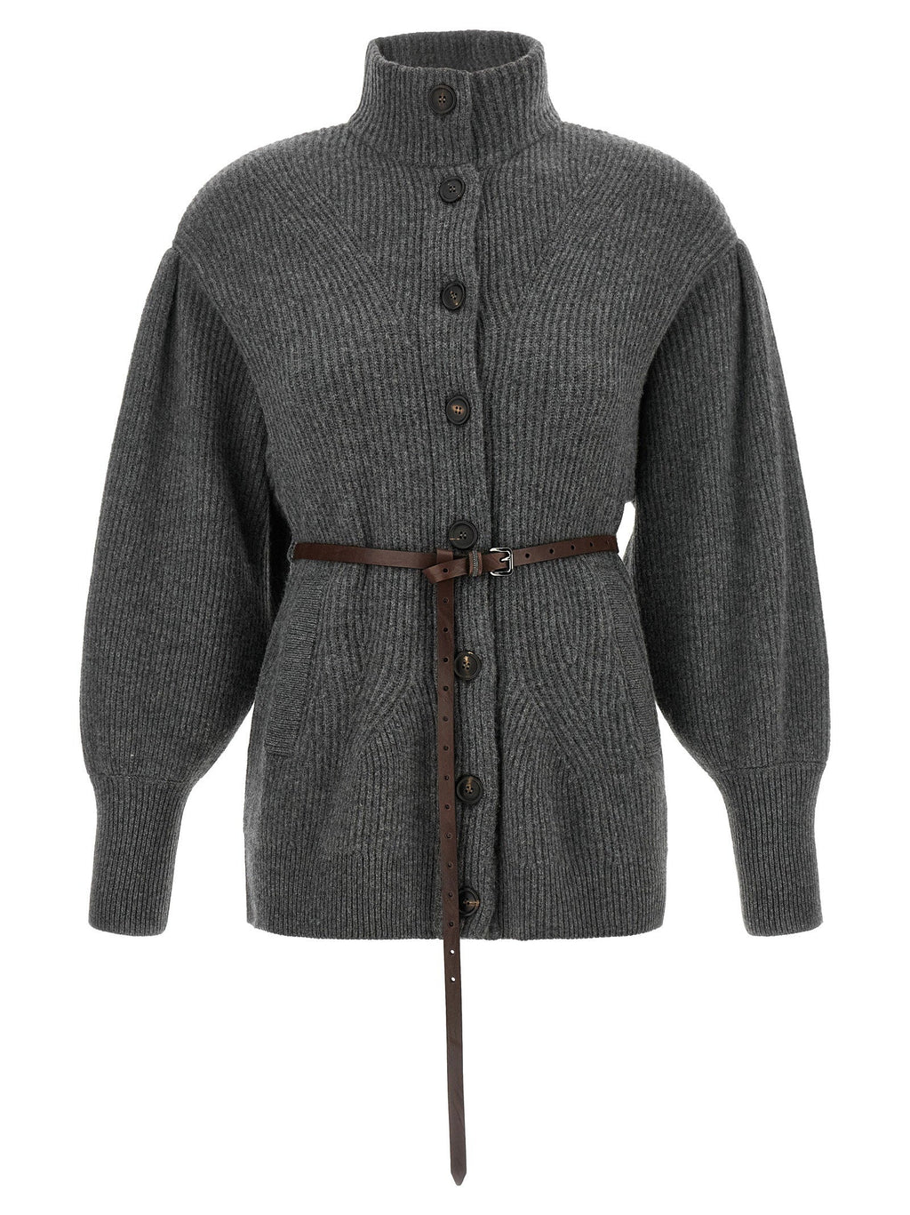 Brunello Cucinelli Ribbed Knit Chevron Cardigan — Gray