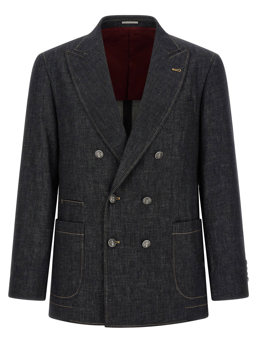 Brunello Cucinelli Double-Breasted Denim Blazer — Charcoal