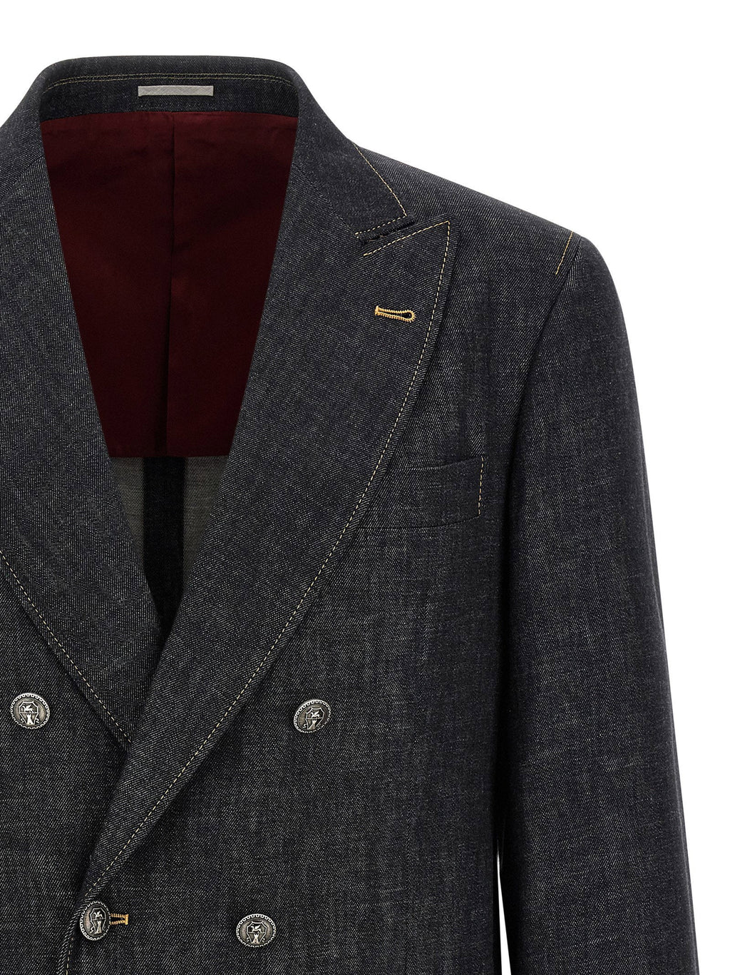 Brunello Cucinelli Double-Breasted Denim Blazer — Charcoal