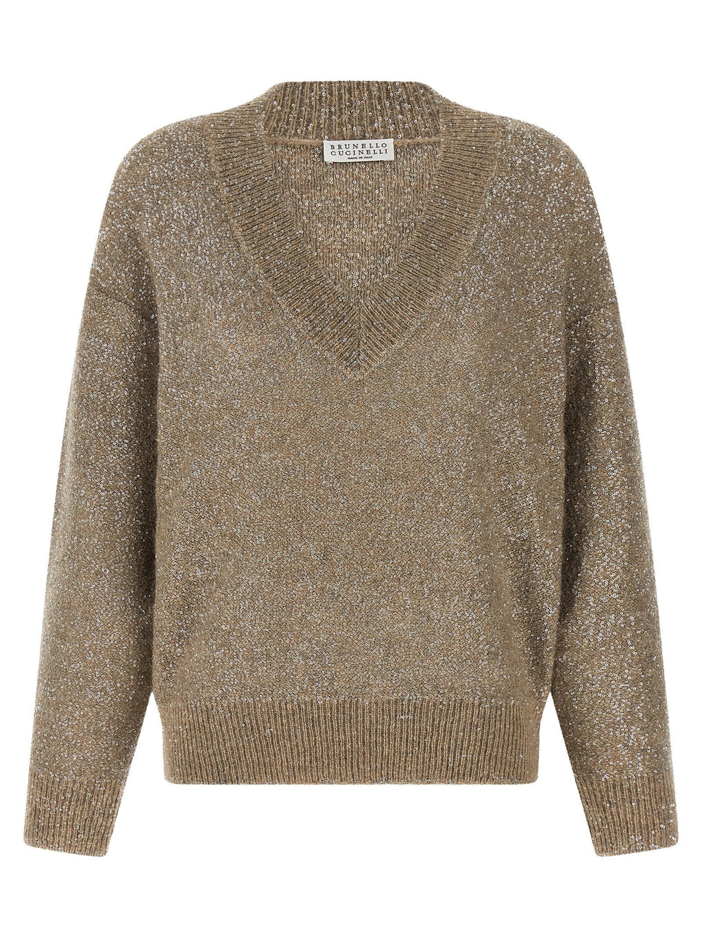 Brunello Cucinelli Sequin-Embellished Virgin Wool Sweater — Beige