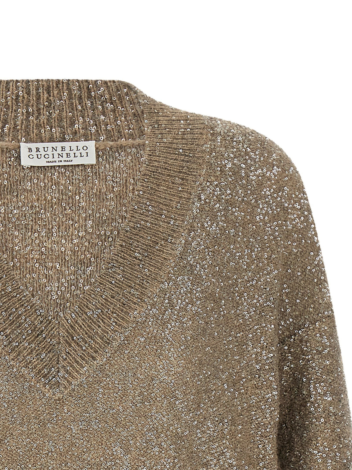 Brunello Cucinelli Sequin-Embellished Virgin Wool Sweater — Beige