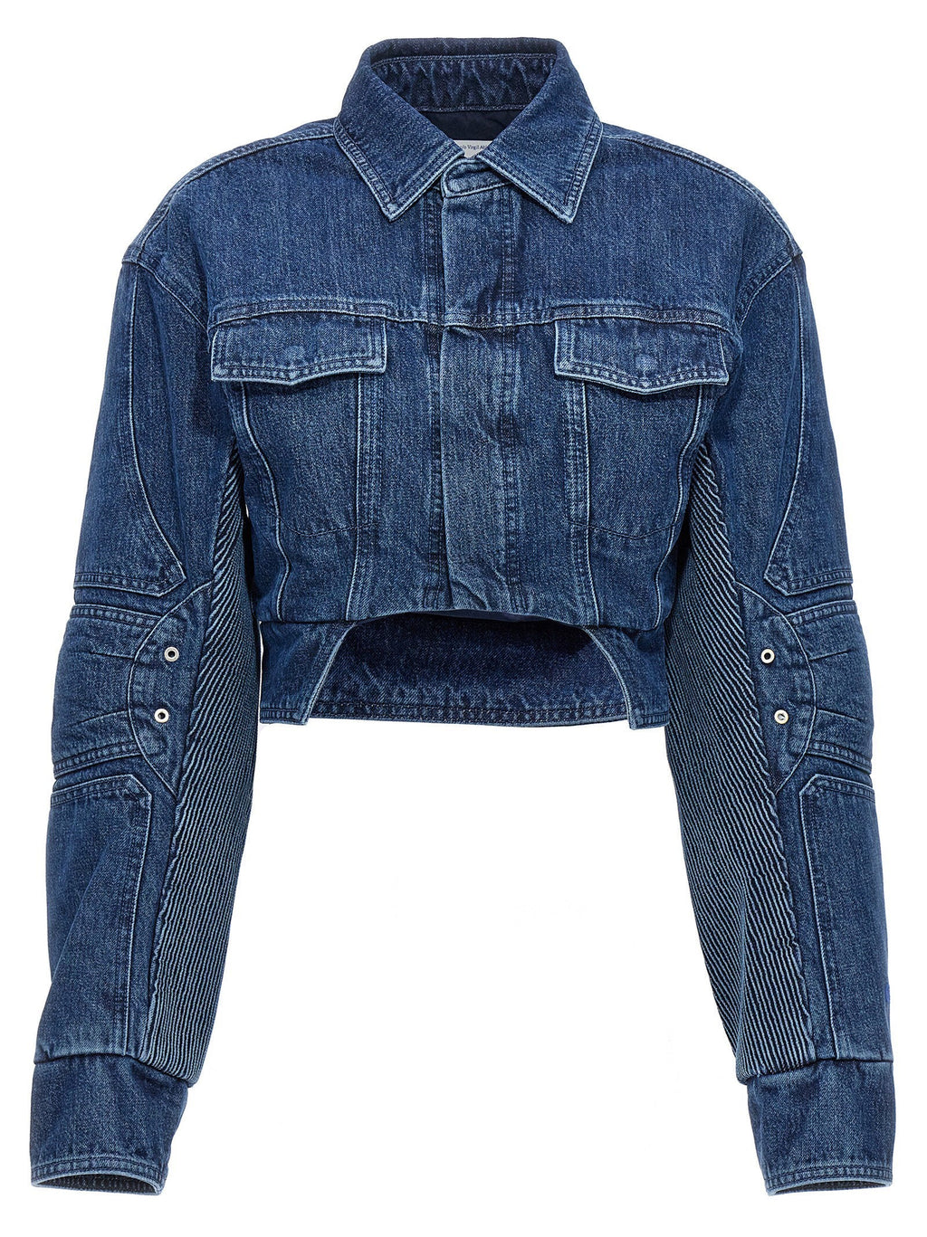 Off White Cropped Denim Motorcycle Jacket — Blue