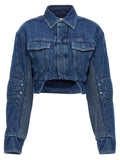 Off White Cropped Denim Motorcycle Jacket — Blue