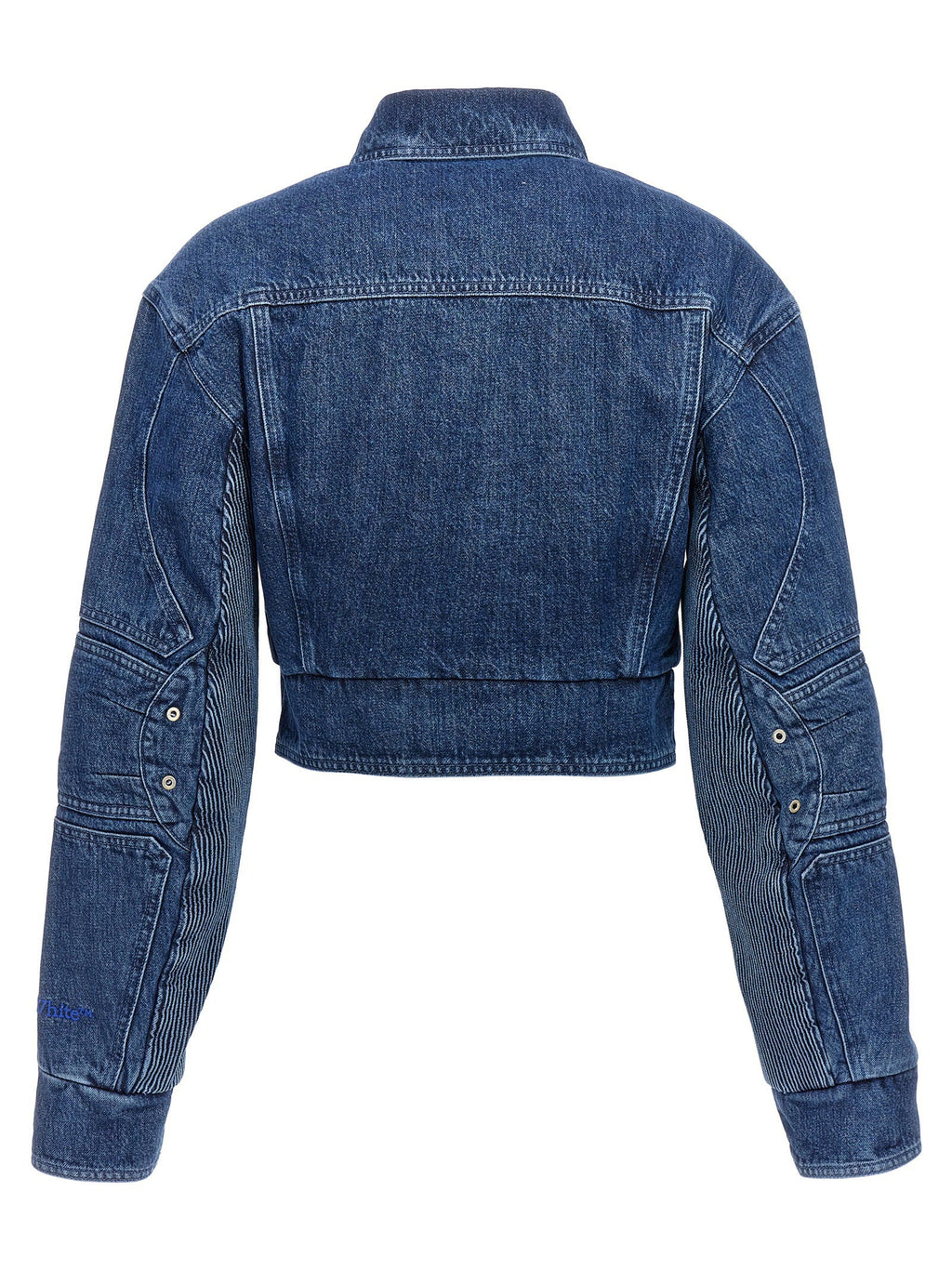 Off White Cropped Denim Motorcycle Jacket — Blue