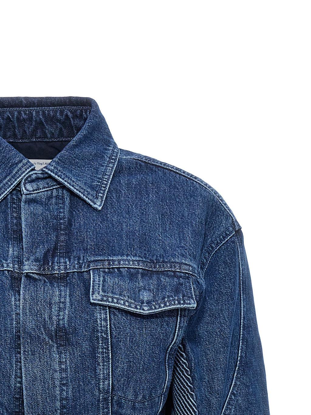 Off White Cropped Denim Motorcycle Jacket — Blue
