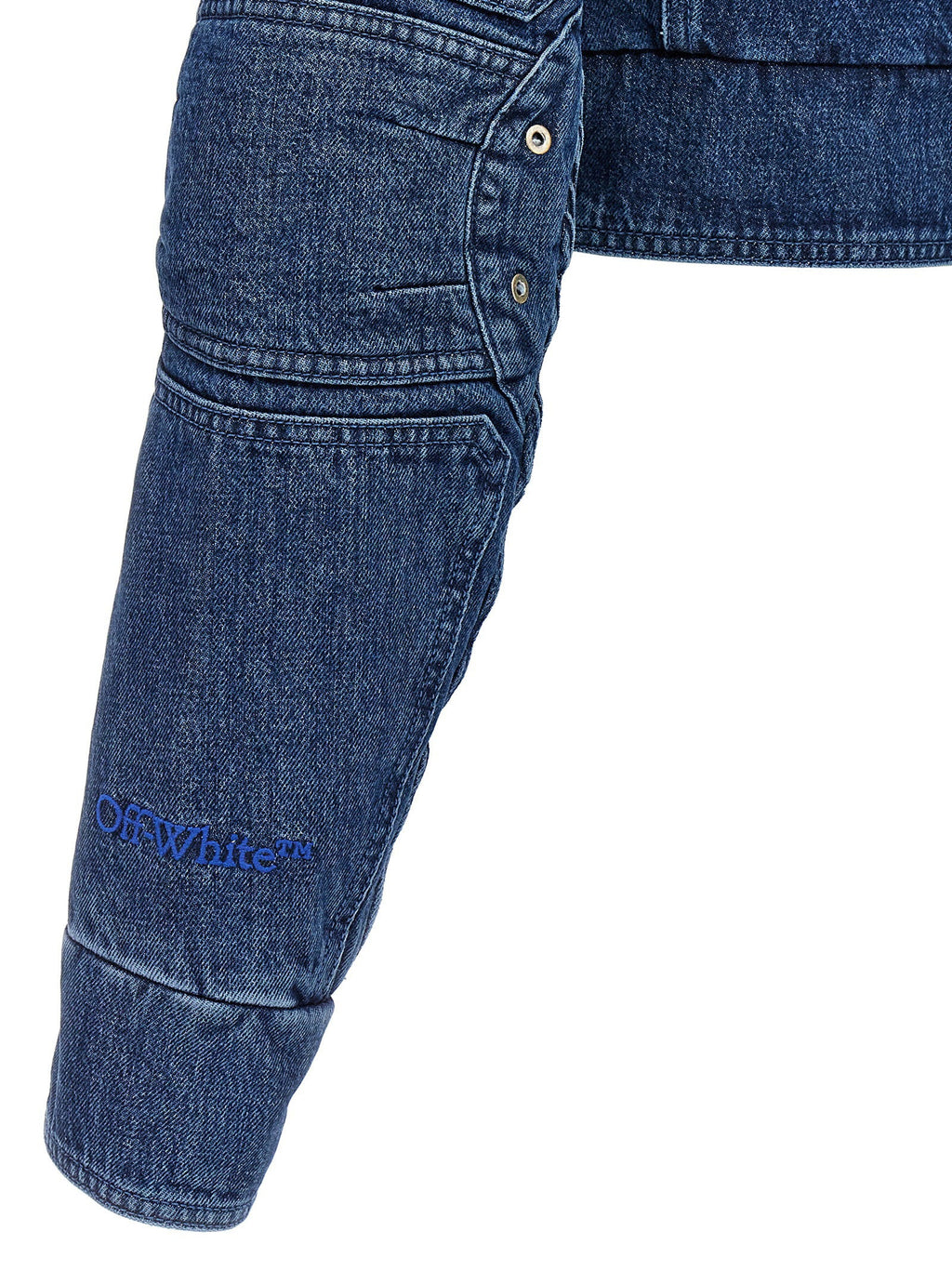 Off White Cropped Denim Motorcycle Jacket — Blue
