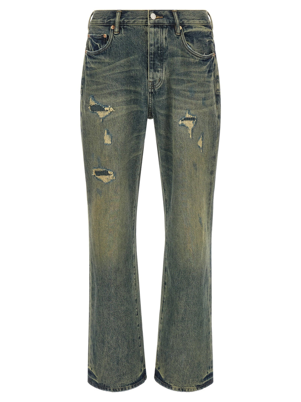 Purple Distressed Quilted-Insert Bootcut Jeans — Blue