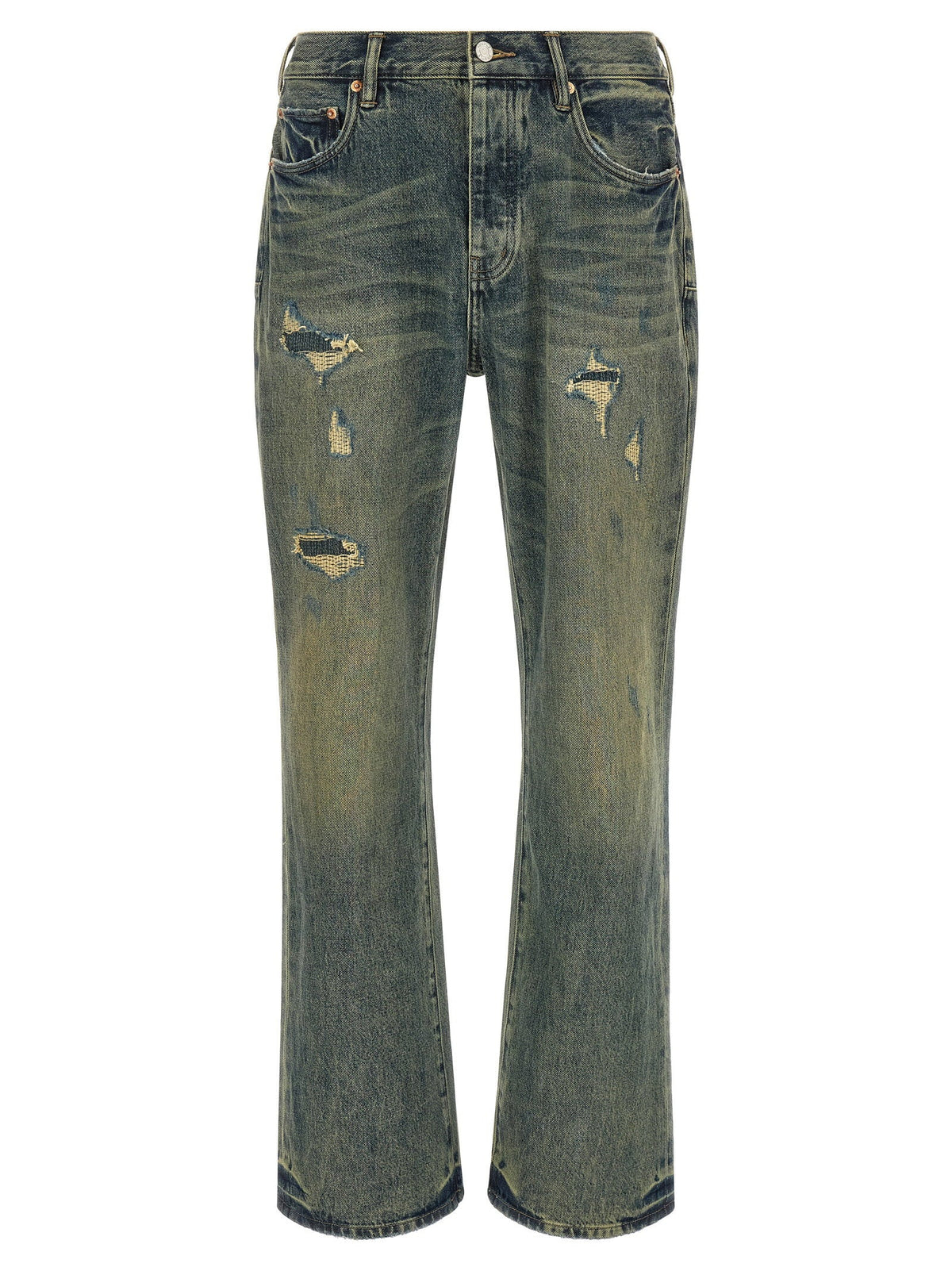 Purple Distressed Quilted-Insert Bootcut Jeans — Blue