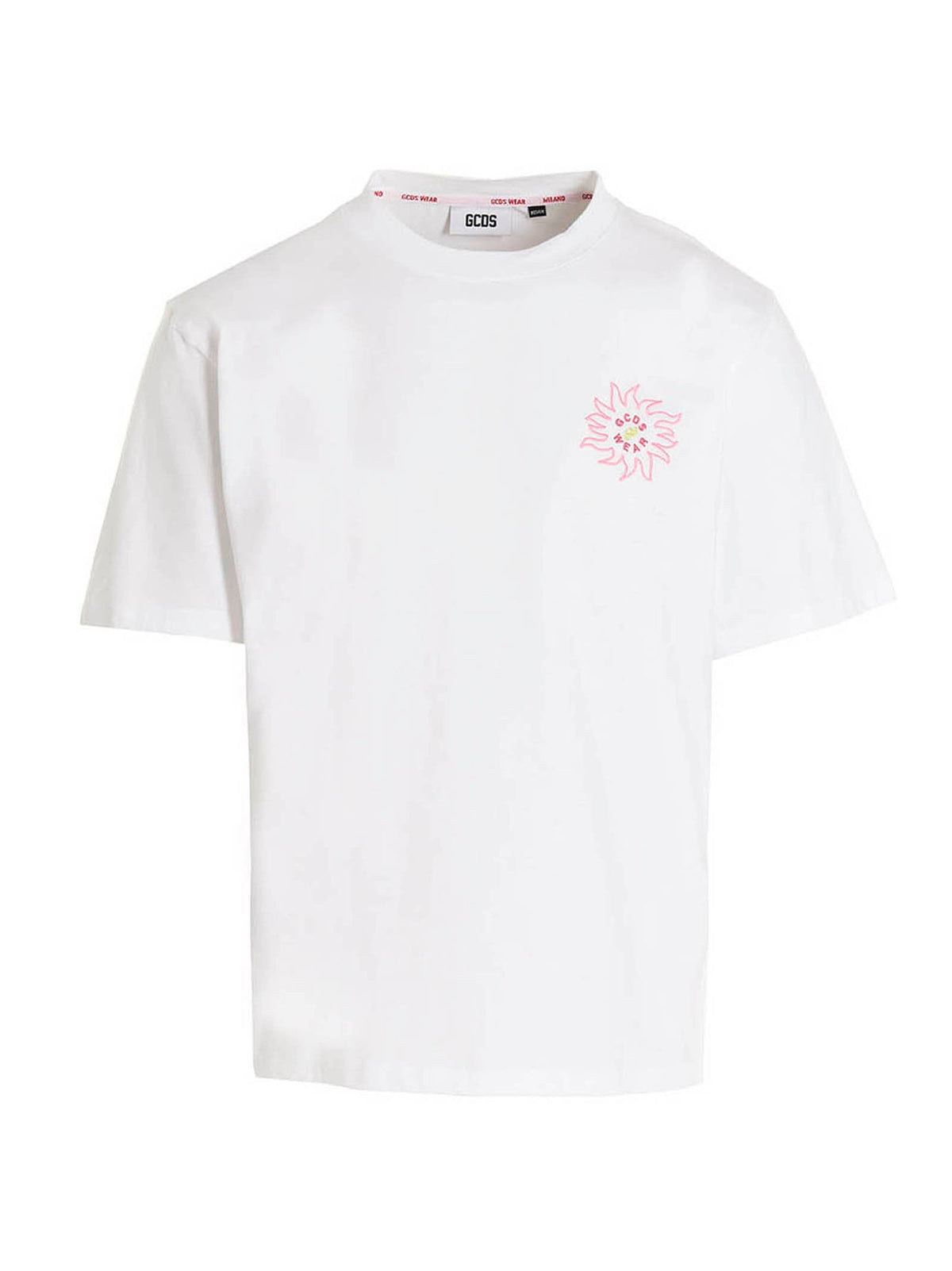 Gcds Pink Flower-Embroidered T-Shirt — White