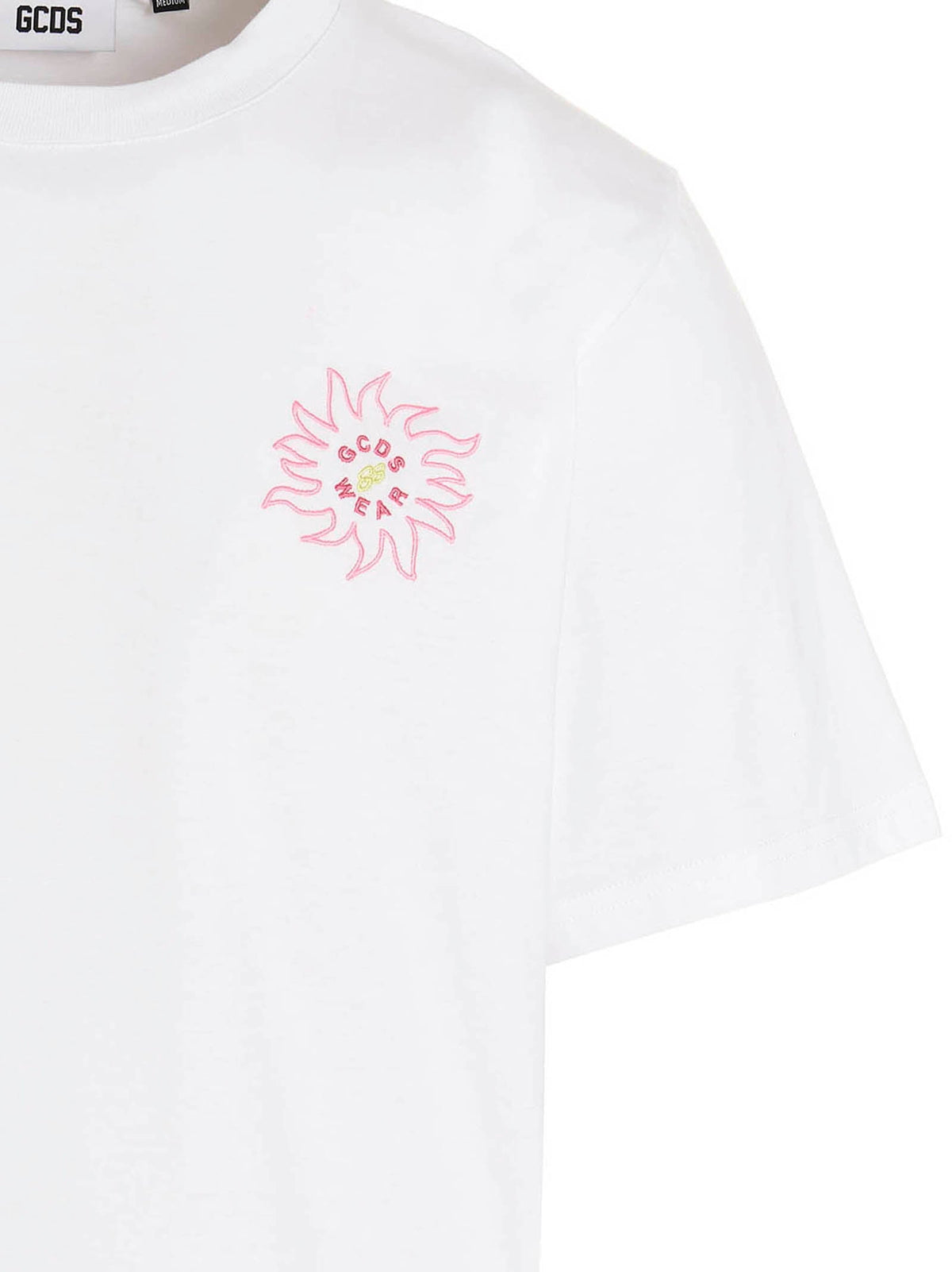 Gcds Pink Flower-Embroidered T-Shirt — White