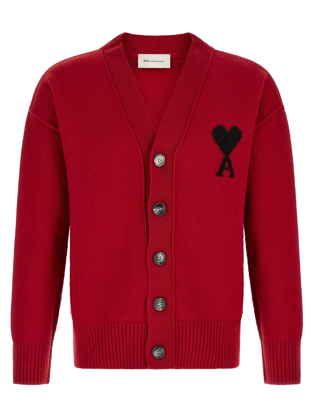 Ami Paris Embroidered Merino Wool Cardigan — Red
