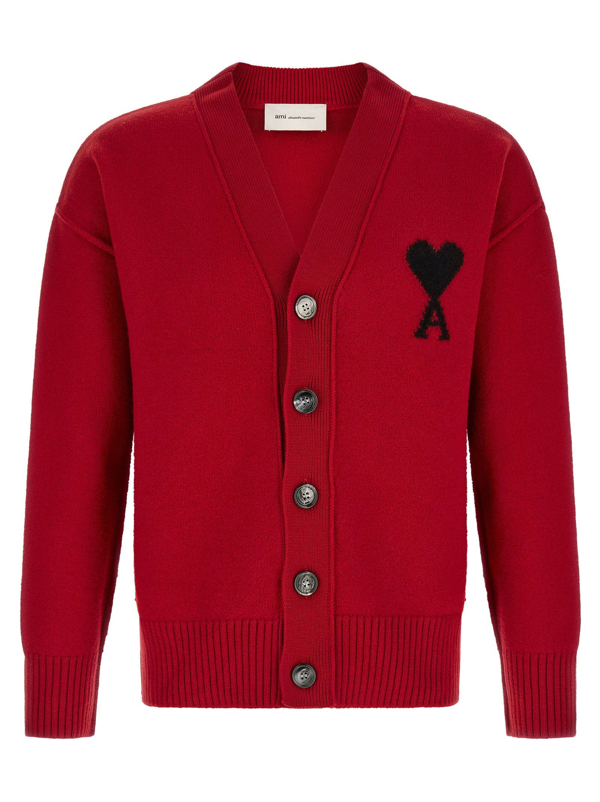 Ami Paris Embroidered Merino Wool Cardigan — Red