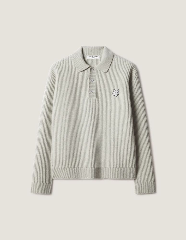 Maison Kitsune Ribbed Knit Polo Shirt — Grey