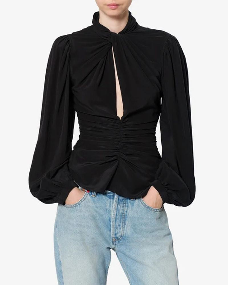 Isabel Marant Ruched Long-Sleeve Blouse — Black