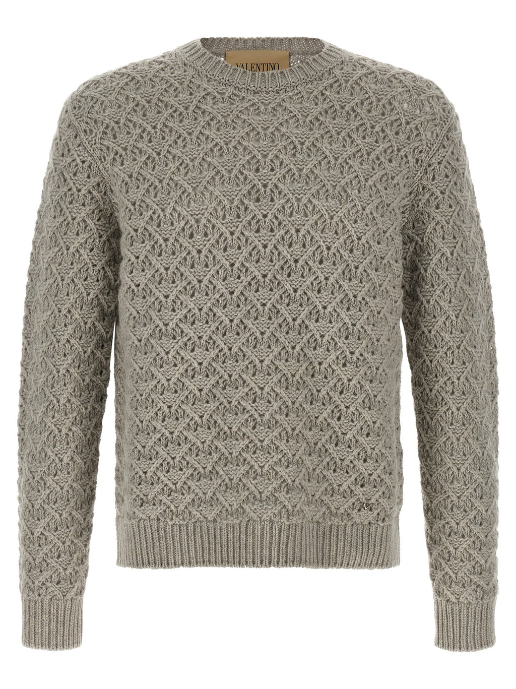 Valentino Garavani Openwork Diamond-Knit Virgin Wool Sweater — Beige