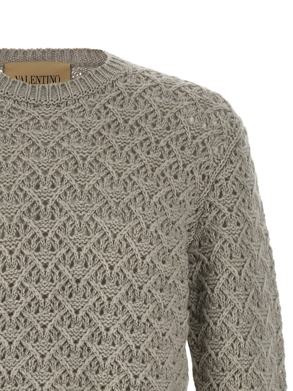 Valentino Garavani Openwork Diamond-Knit Virgin Wool Sweater — Beige