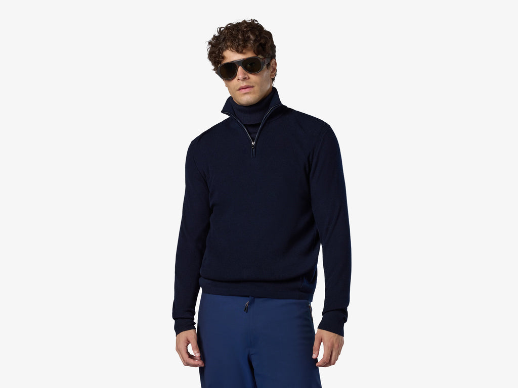 Sease Waffle Knit Half-Zip Sweater — Navy