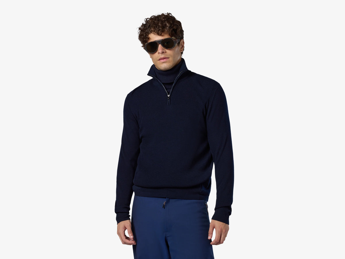 Sease Waffle Knit Half-Zip Sweater — Navy