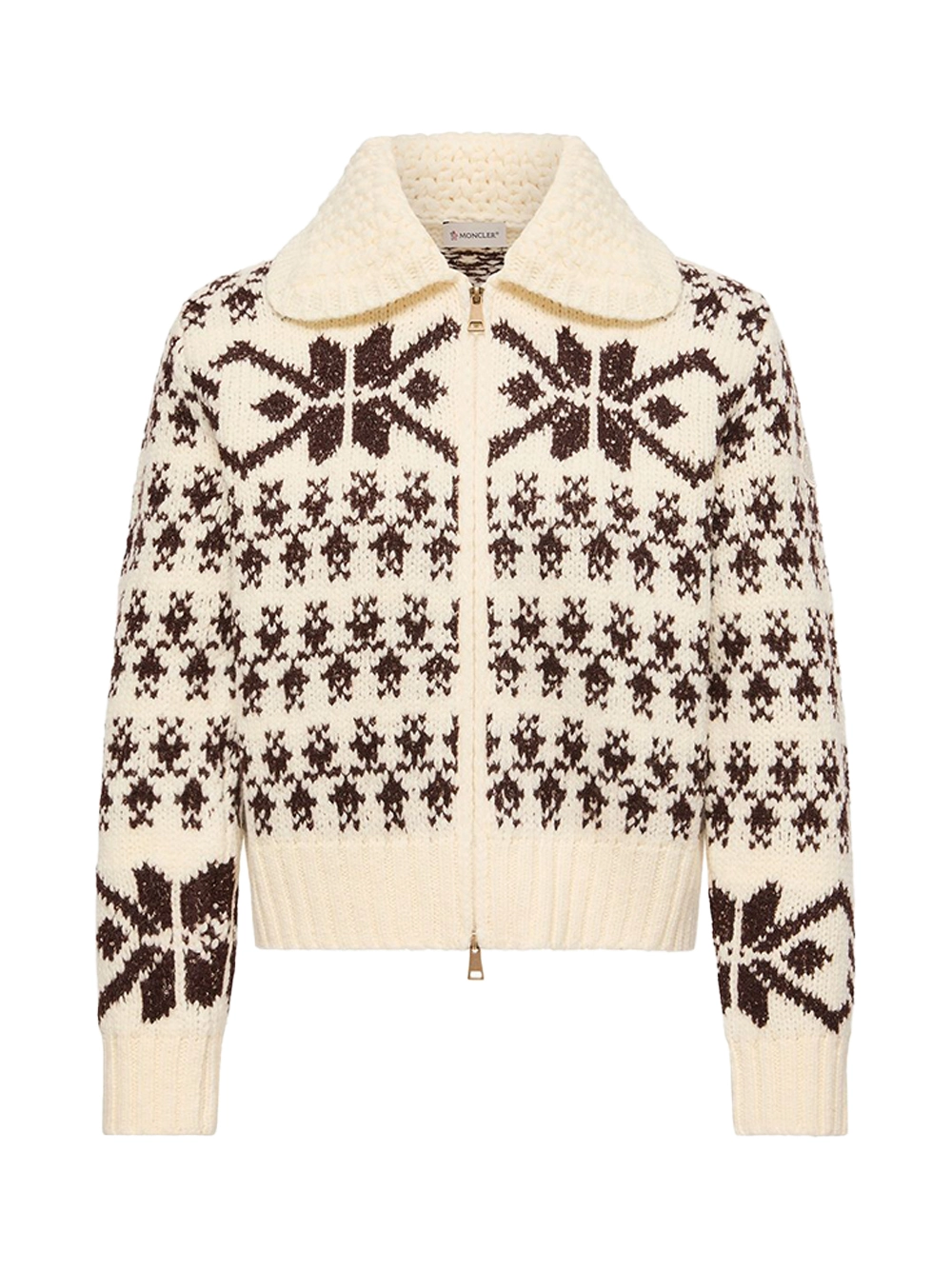 Moncler Jacquard Knit with Crochet Collar Cardigan — Ivory