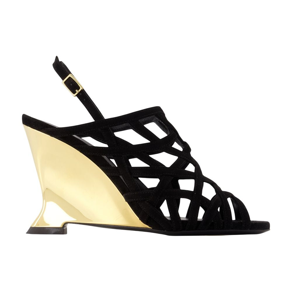 Balmain Caged Suede Wedge Sandal — Black